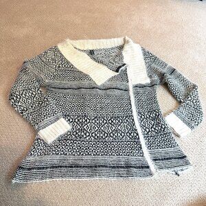Sacred Threads Cardigan Sweater Boho Open Fuzzy L/XL Geometric Print Black White